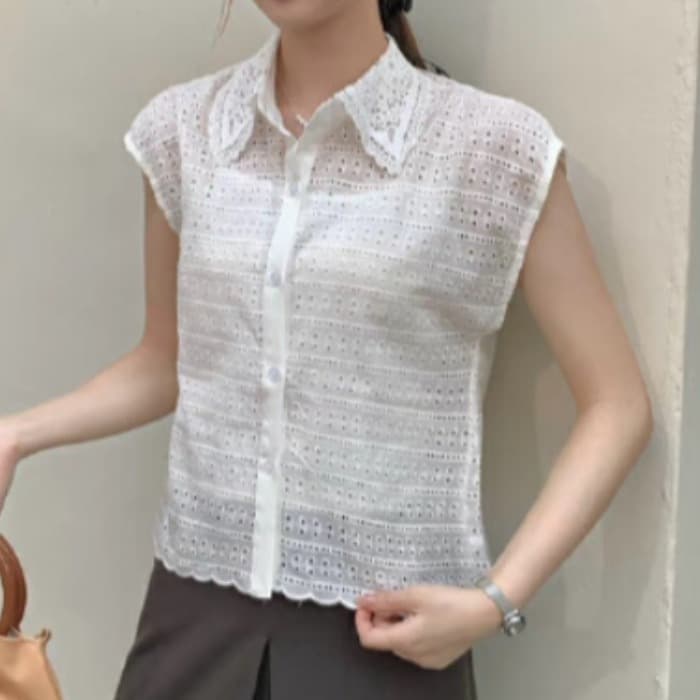 여름 한국 스타일 레이스 연령 감소 베이비 칼라 캐주얼 민소매 홀로우 아웃 셔츠 여성