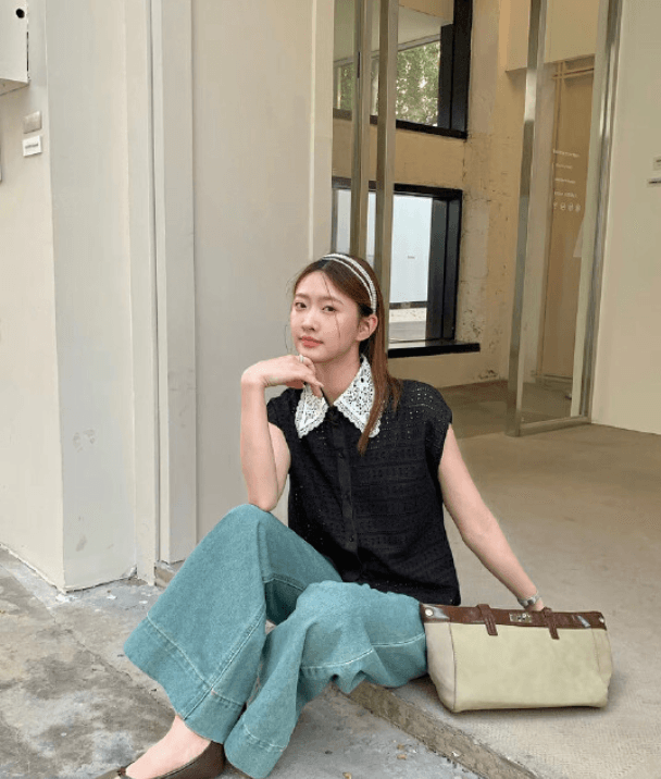 여름 한국 스타일 레이스 연령 감소 베이비 칼라 캐주얼 민소매 홀로우 아웃 셔츠 여성 상세 이미지 6