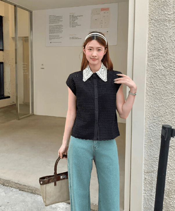 여름 한국 스타일 레이스 연령 감소 베이비 칼라 캐주얼 민소매 홀로우 아웃 셔츠 여성 상세 이미지 8