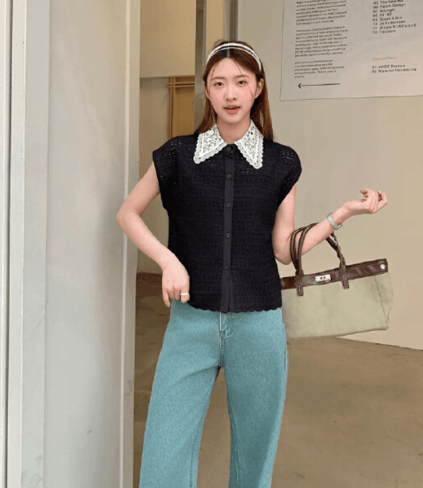 여름 한국 스타일 레이스 연령 감소 베이비 칼라 캐주얼 민소매 홀로우 아웃 셔츠 여성 상세 이미지 9