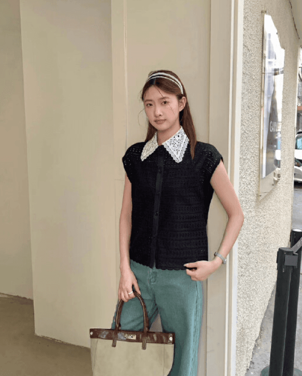 여름 한국 스타일 레이스 연령 감소 베이비 칼라 캐주얼 민소매 홀로우 아웃 셔츠 여성 상세 이미지 10