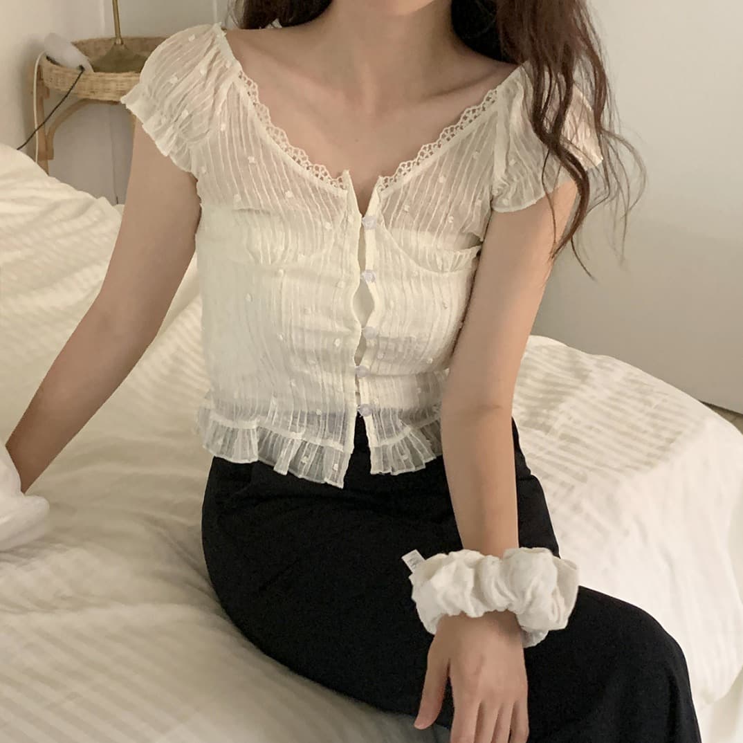 한 부서 여름 신선함 V넥 귀여운 레이스 측면 연령 감소 인형 셔츠 일상 다용도 셔츠 작은 셔츠 맨위 여성 이미지 3