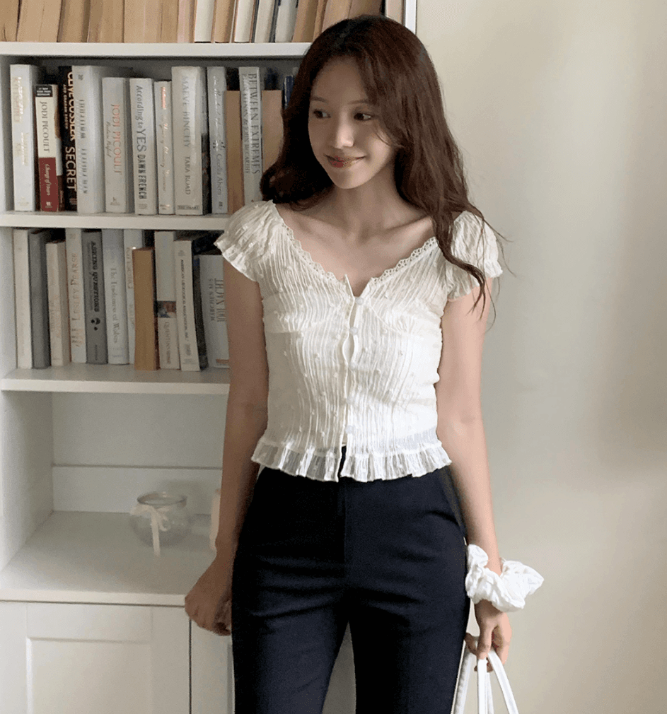 한 부서 여름 신선함 V넥 귀여운 레이스 측면 연령 감소 인형 셔츠 일상 다용도 셔츠 작은 셔츠 맨위 여성 상세 이미지 9