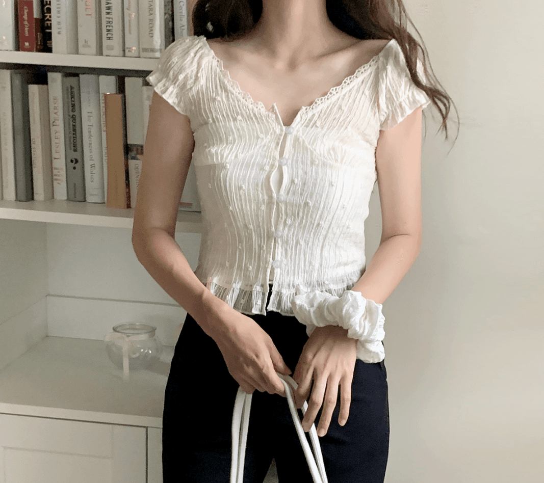 한 부서 여름 신선함 V넥 귀여운 레이스 측면 연령 감소 인형 셔츠 일상 다용도 셔츠 작은 셔츠 맨위 여성 상세 이미지 10