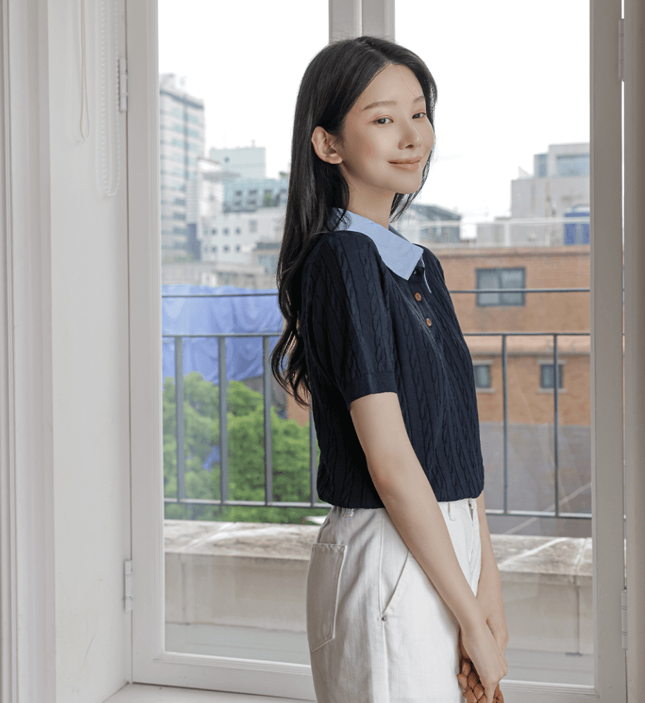 여름 한국 고급 센스 패치워크 페이크 레이어드 배색 폴로 칼라 반팔 꽈배기 얼음 실크 높은 품질 니트 스웨터 여성 상세 이미지 12