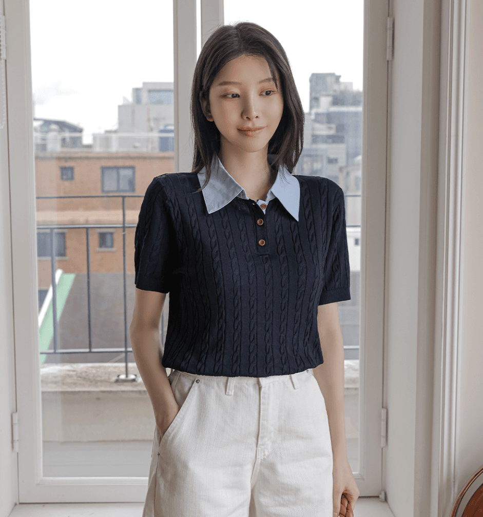여름 한국 고급 센스 패치워크 페이크 레이어드 배색 폴로 칼라 반팔 꽈배기 얼음 실크 높은 품질 니트 스웨터 여성 상세 이미지 13