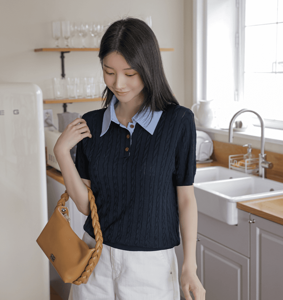 여름 한국 고급 센스 패치워크 페이크 레이어드 배색 폴로 칼라 반팔 꽈배기 얼음 실크 높은 품질 니트 스웨터 여성 상세 이미지 16