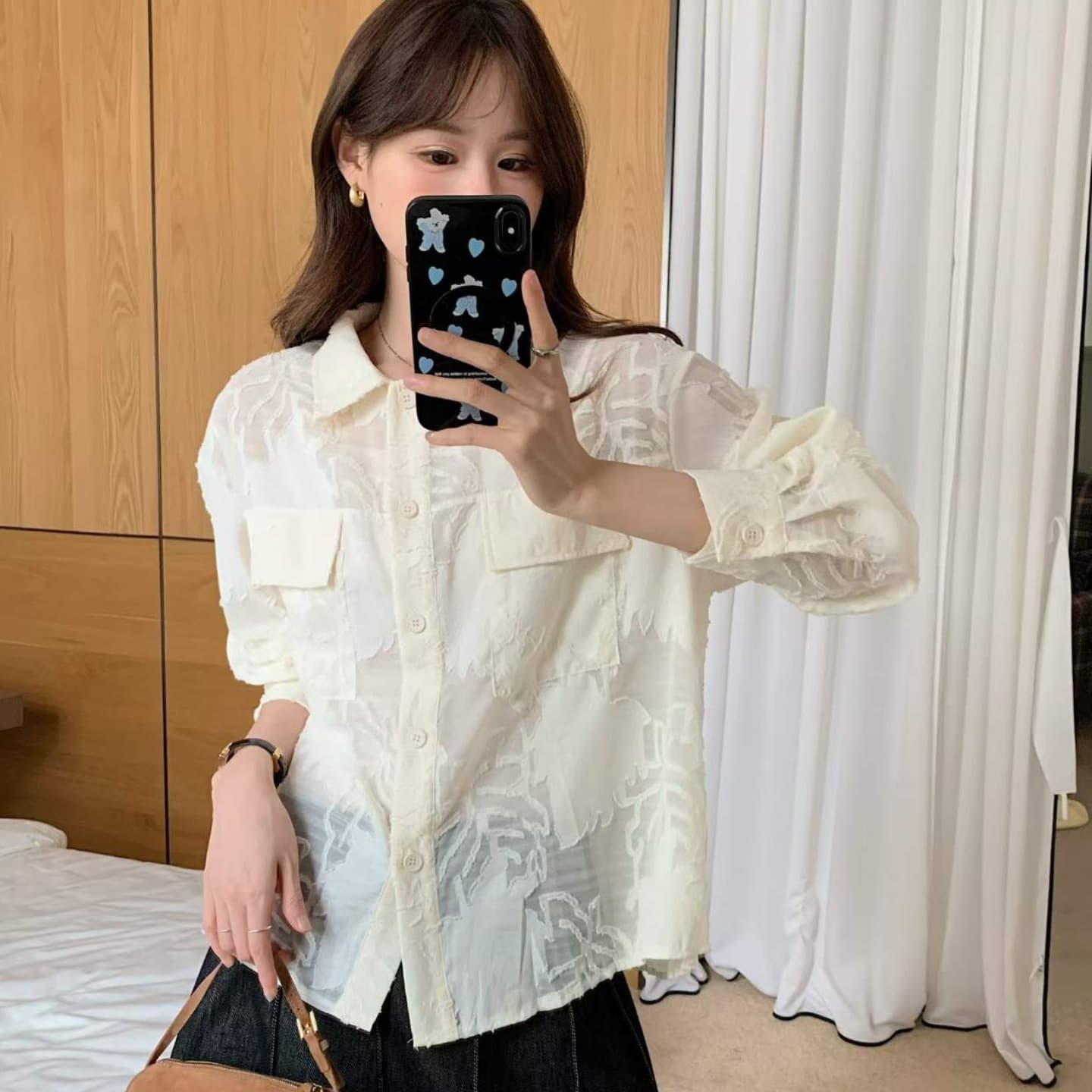 이른 가을 한 레트로 더블 주머니 작은 대중 무거운 작업 뒤로 루버 접기 폴로 칼라 긴팔 마이크로 ~을 통해 셔츠 루즈핏 셔츠 여성 이미지 2