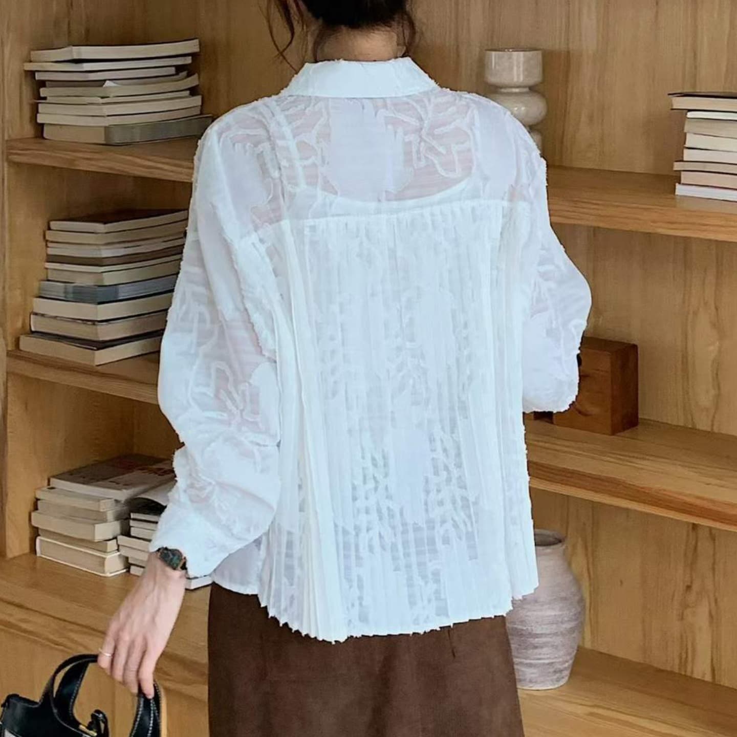이른 가을 한 레트로 더블 주머니 작은 대중 무거운 작업 뒤로 루버 접기 폴로 칼라 긴팔 마이크로 ~을 통해 셔츠 루즈핏 셔츠 여성 이미지 4