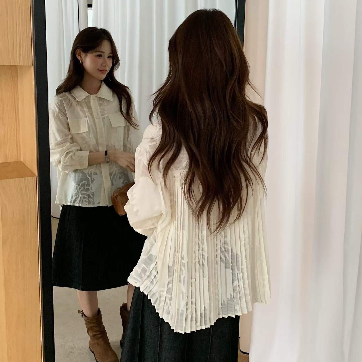 이른 가을 한 레트로 더블 주머니 작은 대중 무거운 작업 뒤로 루버 접기 폴로 칼라 긴팔 마이크로 ~을 통해 셔츠 루즈핏 셔츠 여성 이미지 5