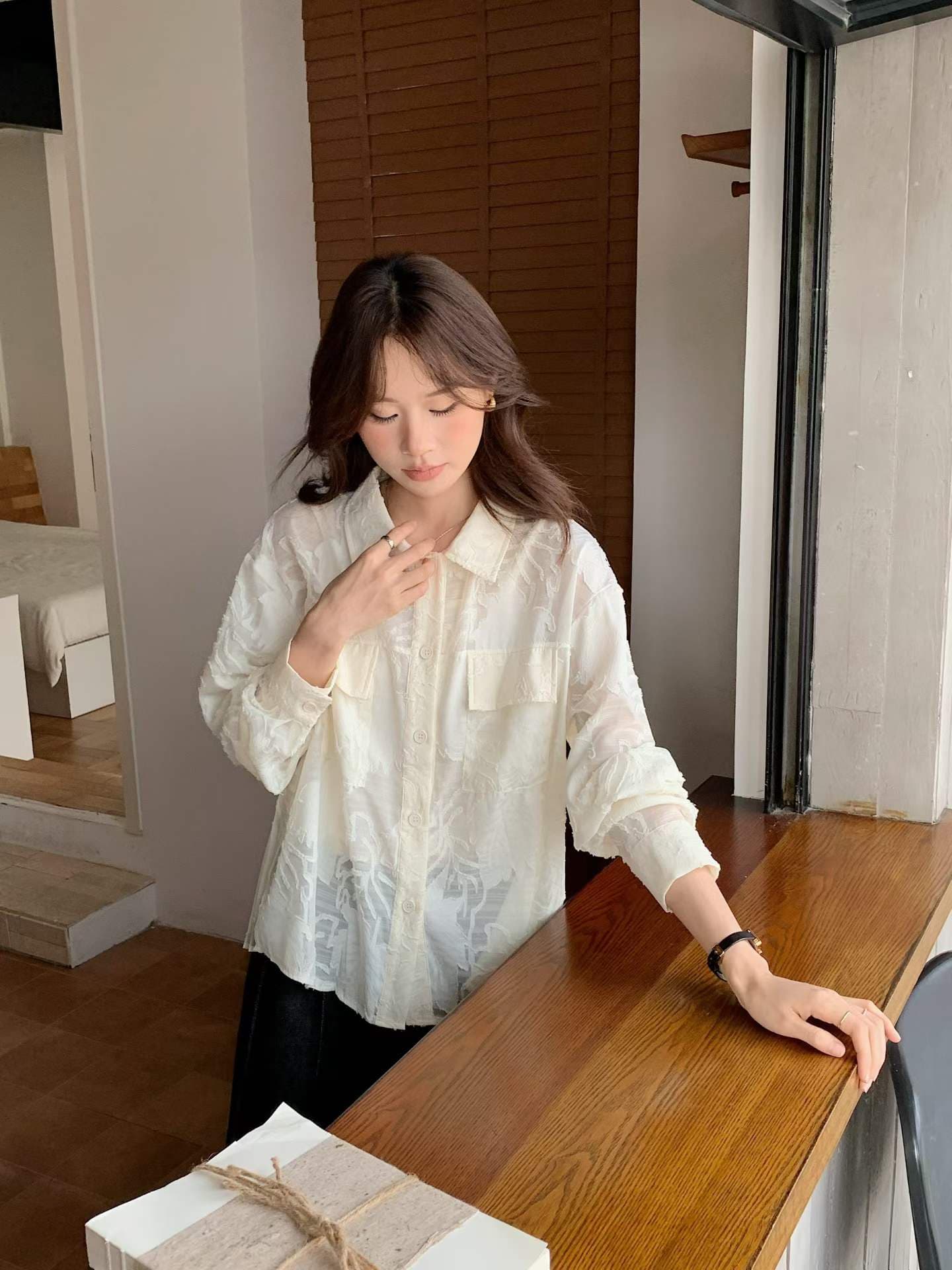이른 가을 한 레트로 더블 주머니 작은 대중 무거운 작업 뒤로 루버 접기 폴로 칼라 긴팔 마이크로 ~을 통해 셔츠 루즈핏 셔츠 여성 상세 이미지 4