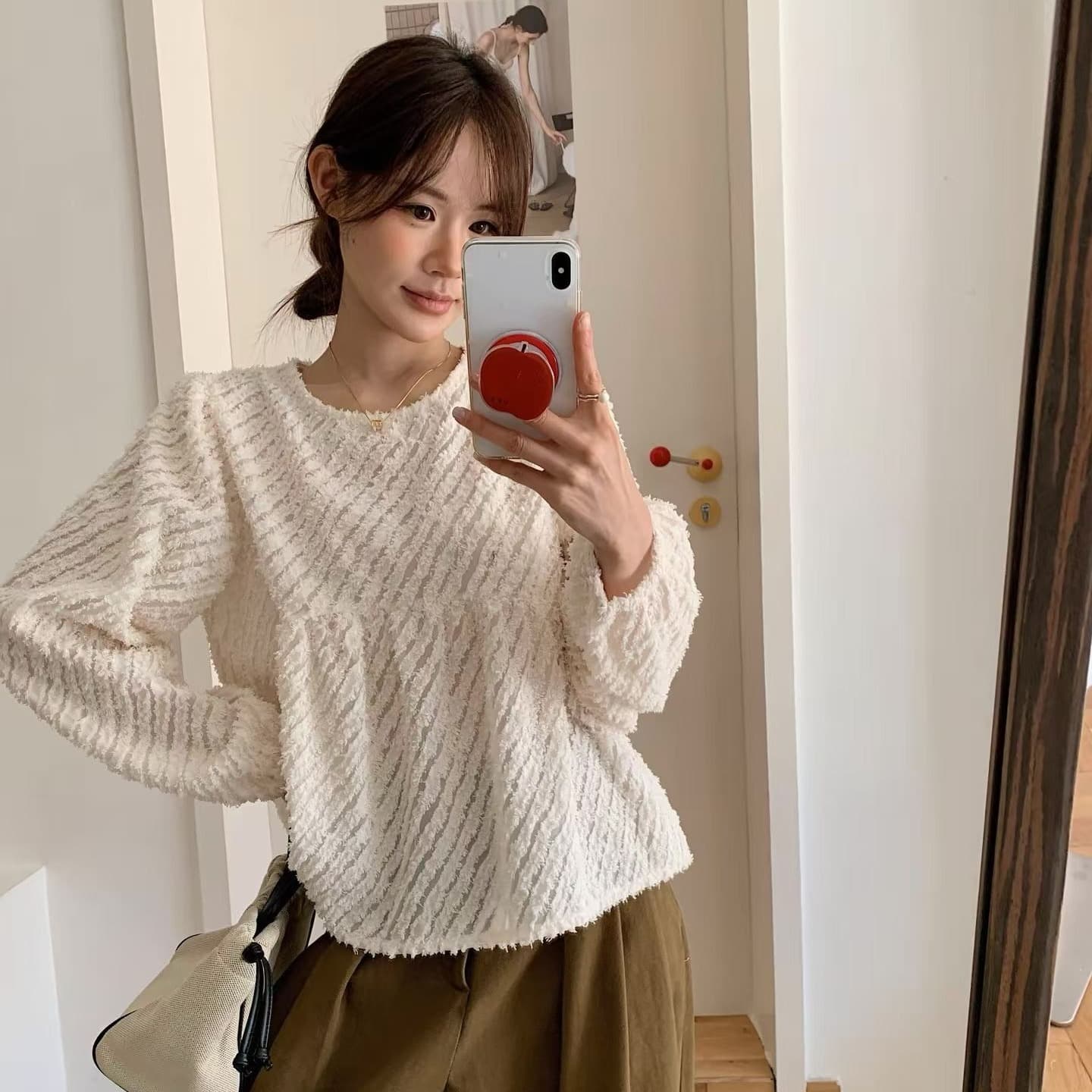 가을 새로운 동대문 한 스타일 달콤함 사선 무늬 연령 감소 다용도 맨위 긴팔 셔츠 여성