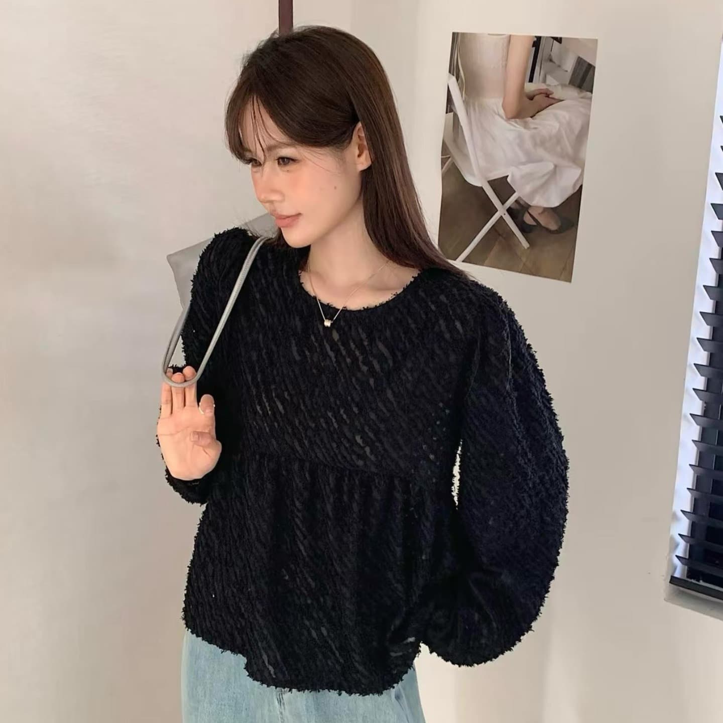 가을 새로운 동대문 한 스타일 달콤함 사선 무늬 연령 감소 다용도 맨위 긴팔 셔츠 여성 이미지 3