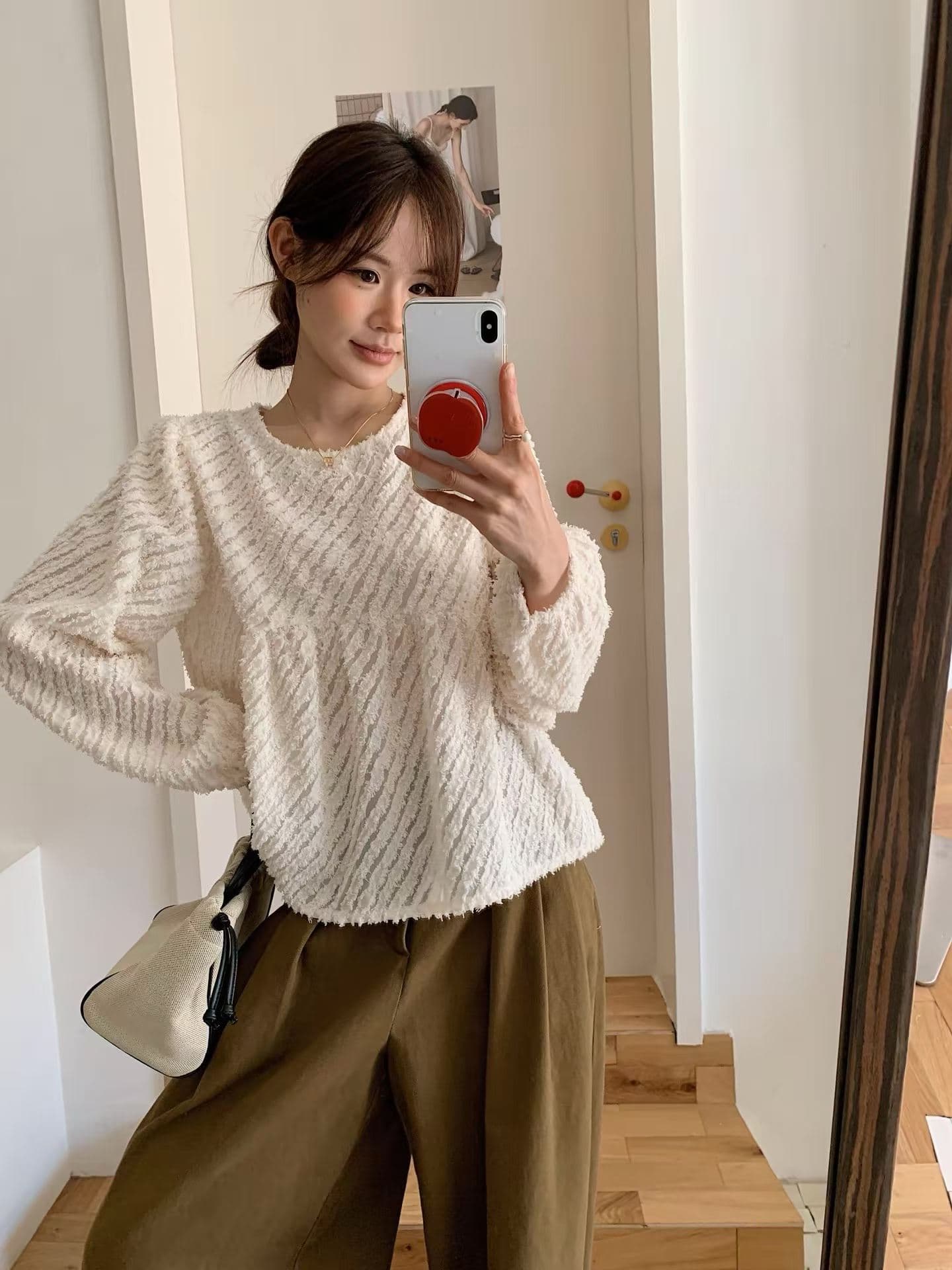 가을 새로운 동대문 한 스타일 달콤함 사선 무늬 연령 감소 다용도 맨위 긴팔 셔츠 여성 상세 이미지 6