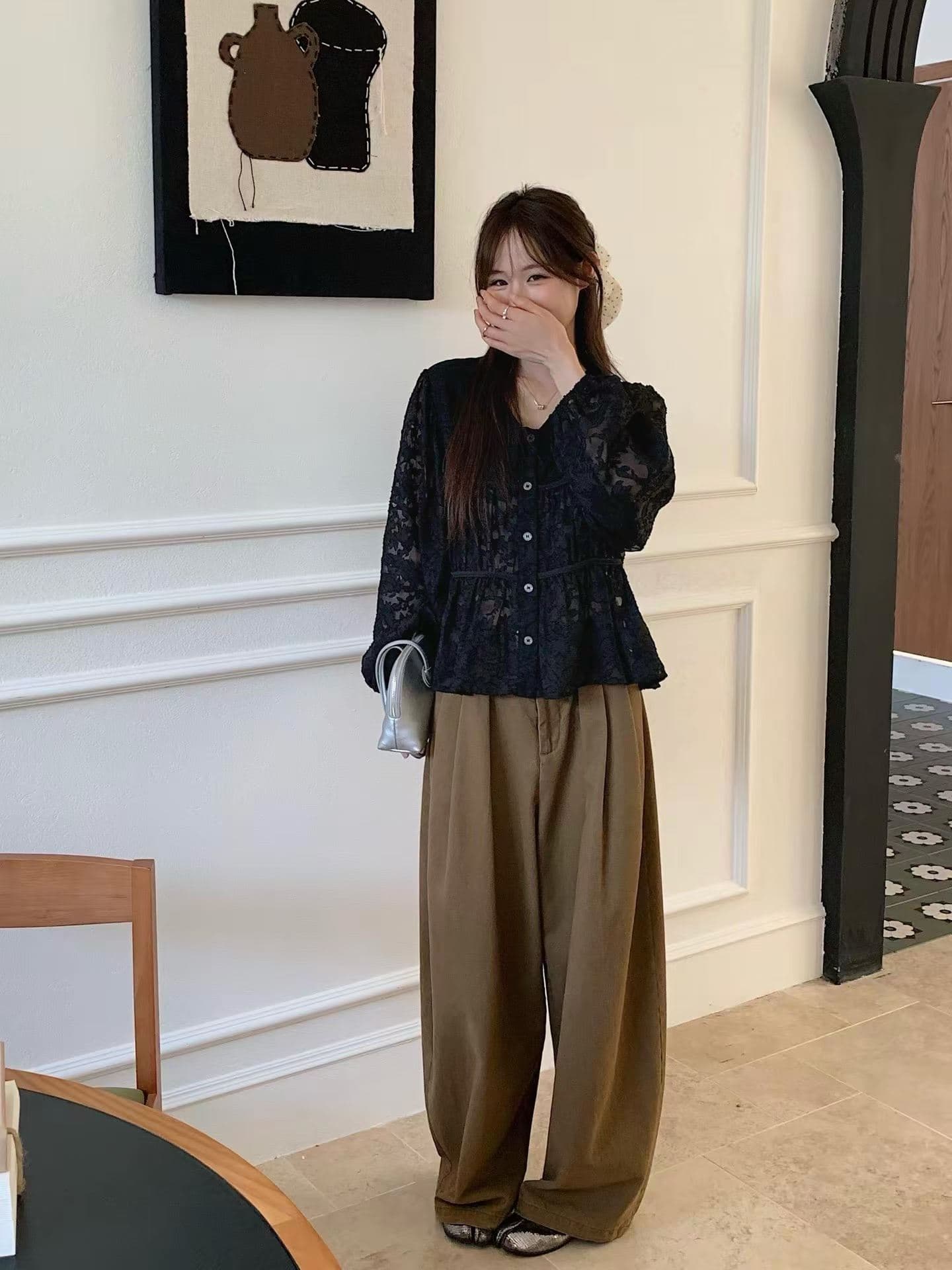 한 부서 새로운 달콤함 슈퍼 요정 V넥 마이크로 ~을 통해 셔츠 여성 긴 소매 이른 가을 디자인 센스 Chic 작은 셔츠 맨위 여성 상세 이미지 13