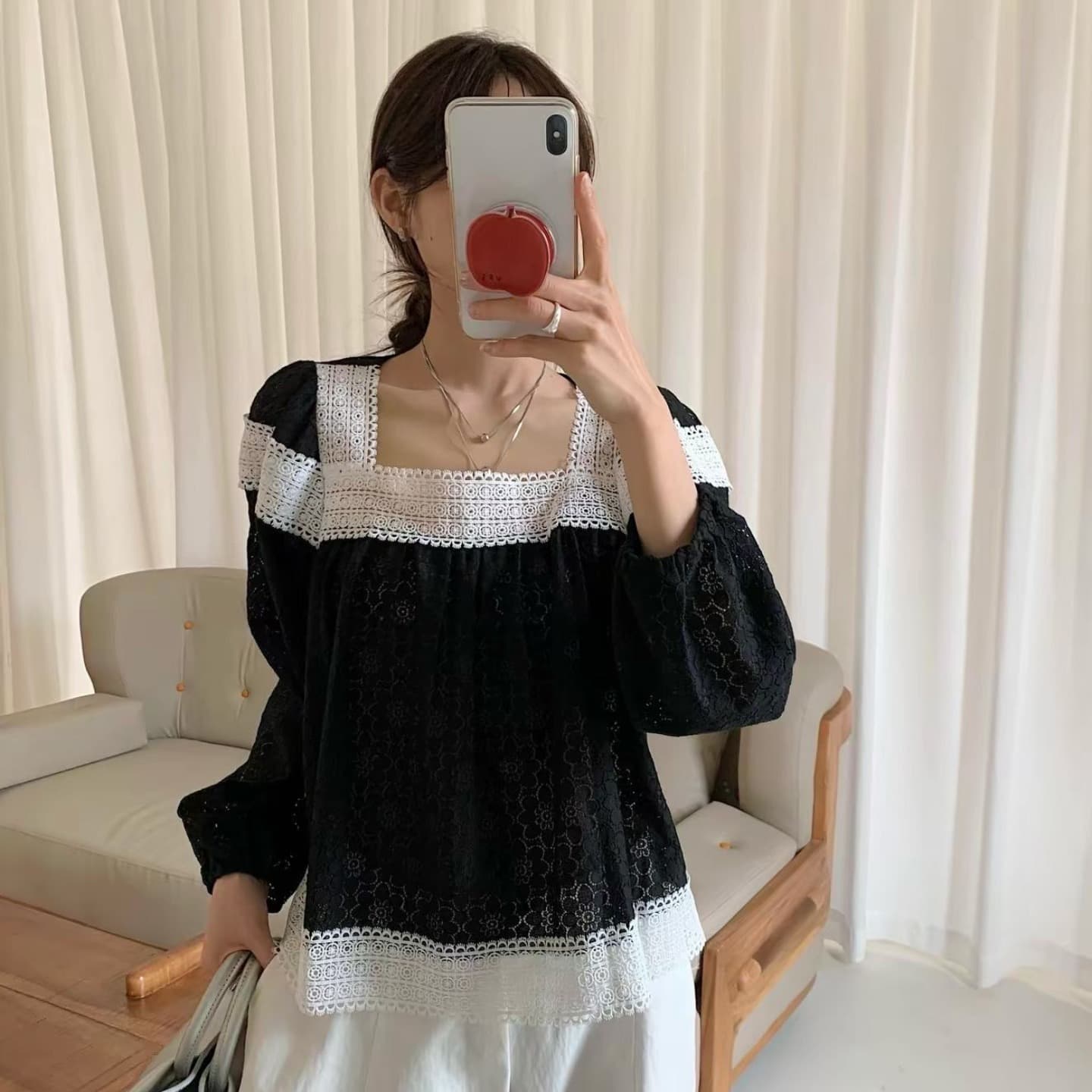 가을 패션 무거운 작업 홀로우 아웃 꽃 자수 패치워크 레이스 광장 칼라 연령 감소 귀여운 인형 셔츠 긴팔 셔츠 여성 이미지 2