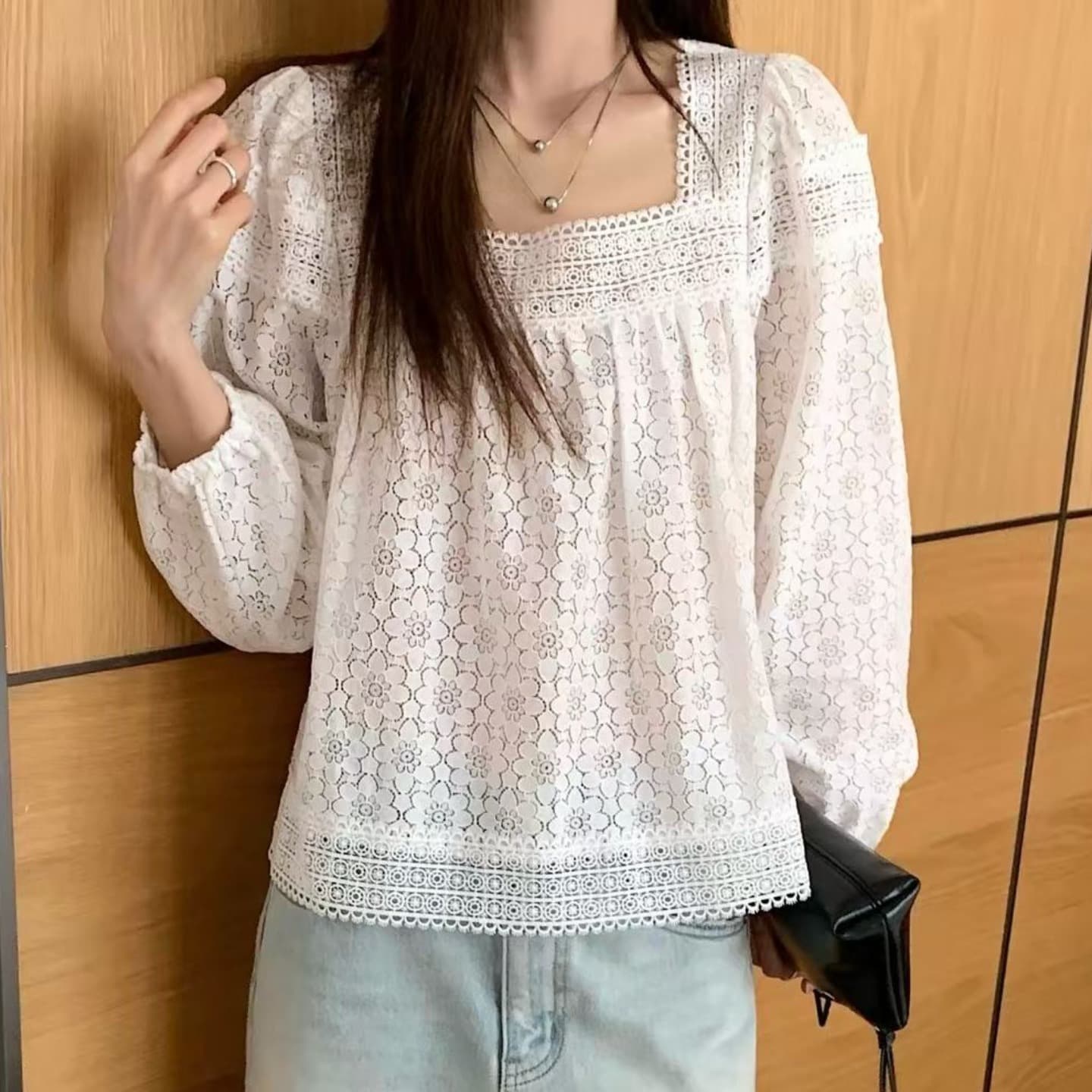 가을 패션 무거운 작업 홀로우 아웃 꽃 자수 패치워크 레이스 광장 칼라 연령 감소 귀여운 인형 셔츠 긴팔 셔츠 여성 이미지 3