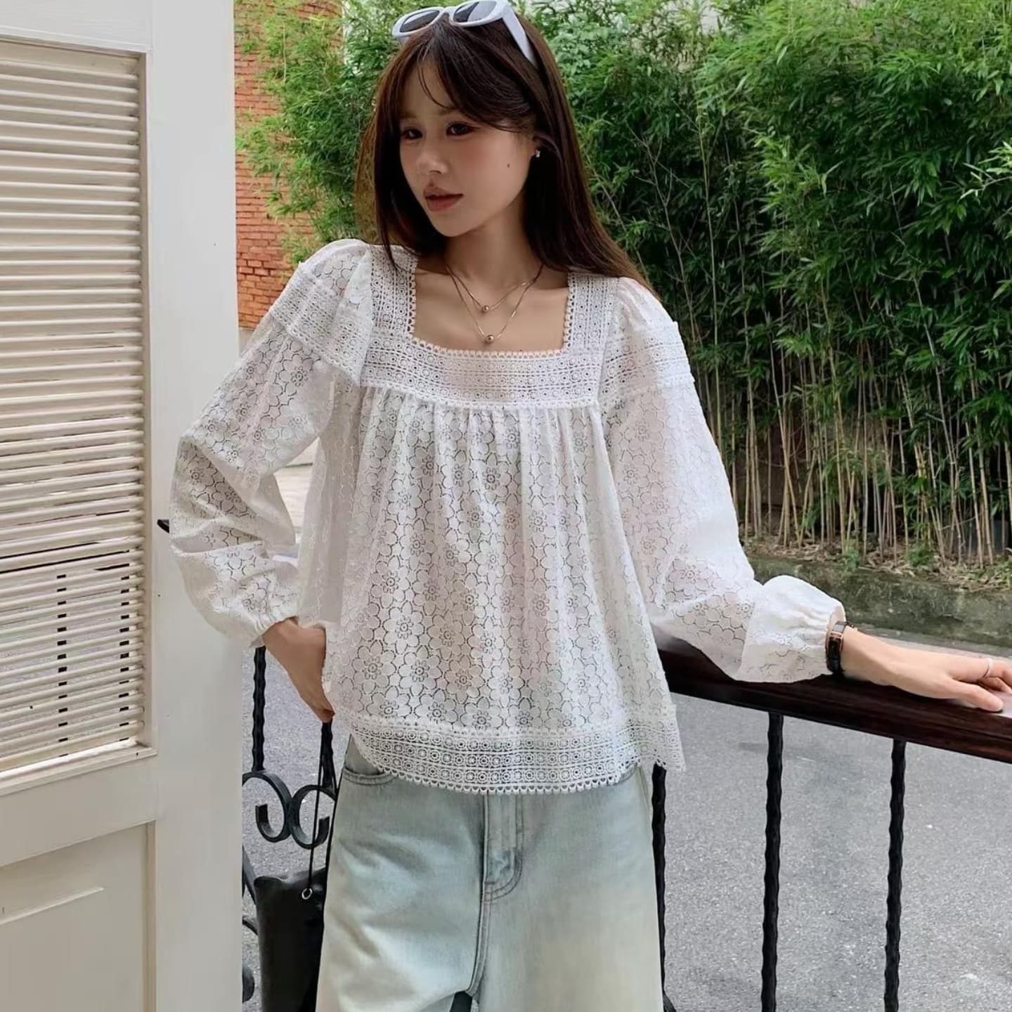 가을 패션 무거운 작업 홀로우 아웃 꽃 자수 패치워크 레이스 광장 칼라 연령 감소 귀여운 인형 셔츠 긴팔 셔츠 여성 이미지 5