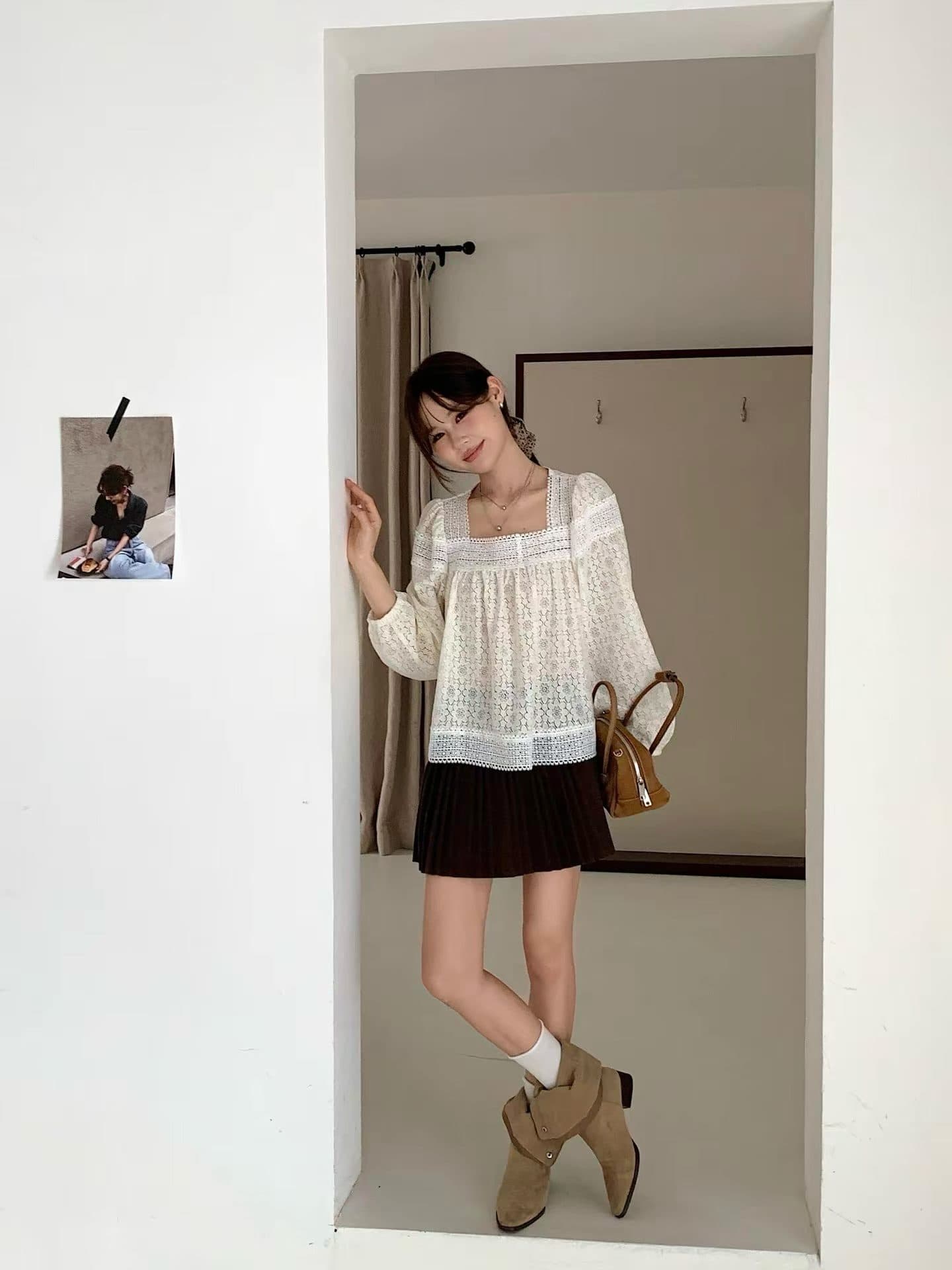 가을 패션 무거운 작업 홀로우 아웃 꽃 자수 패치워크 레이스 광장 칼라 연령 감소 귀여운 인형 셔츠 긴팔 셔츠 여성 상세 이미지 2