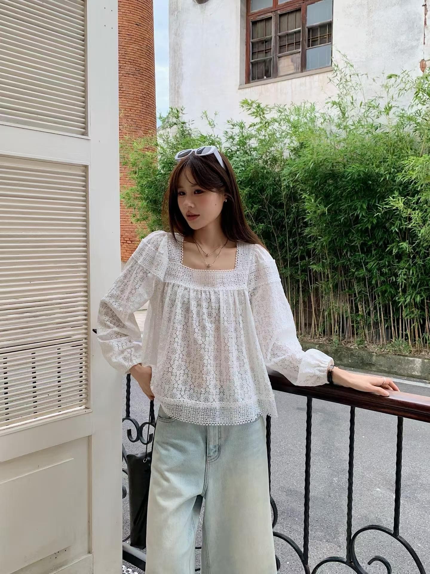 가을 패션 무거운 작업 홀로우 아웃 꽃 자수 패치워크 레이스 광장 칼라 연령 감소 귀여운 인형 셔츠 긴팔 셔츠 여성 상세 이미지 7