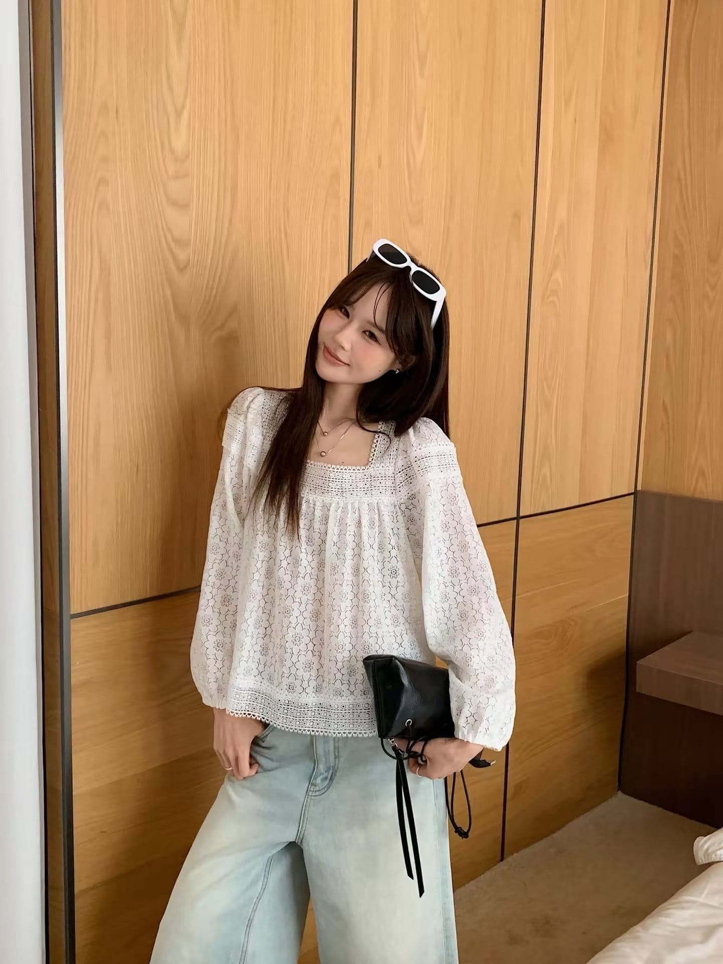 가을 패션 무거운 작업 홀로우 아웃 꽃 자수 패치워크 레이스 광장 칼라 연령 감소 귀여운 인형 셔츠 긴팔 셔츠 여성 상세 이미지 8