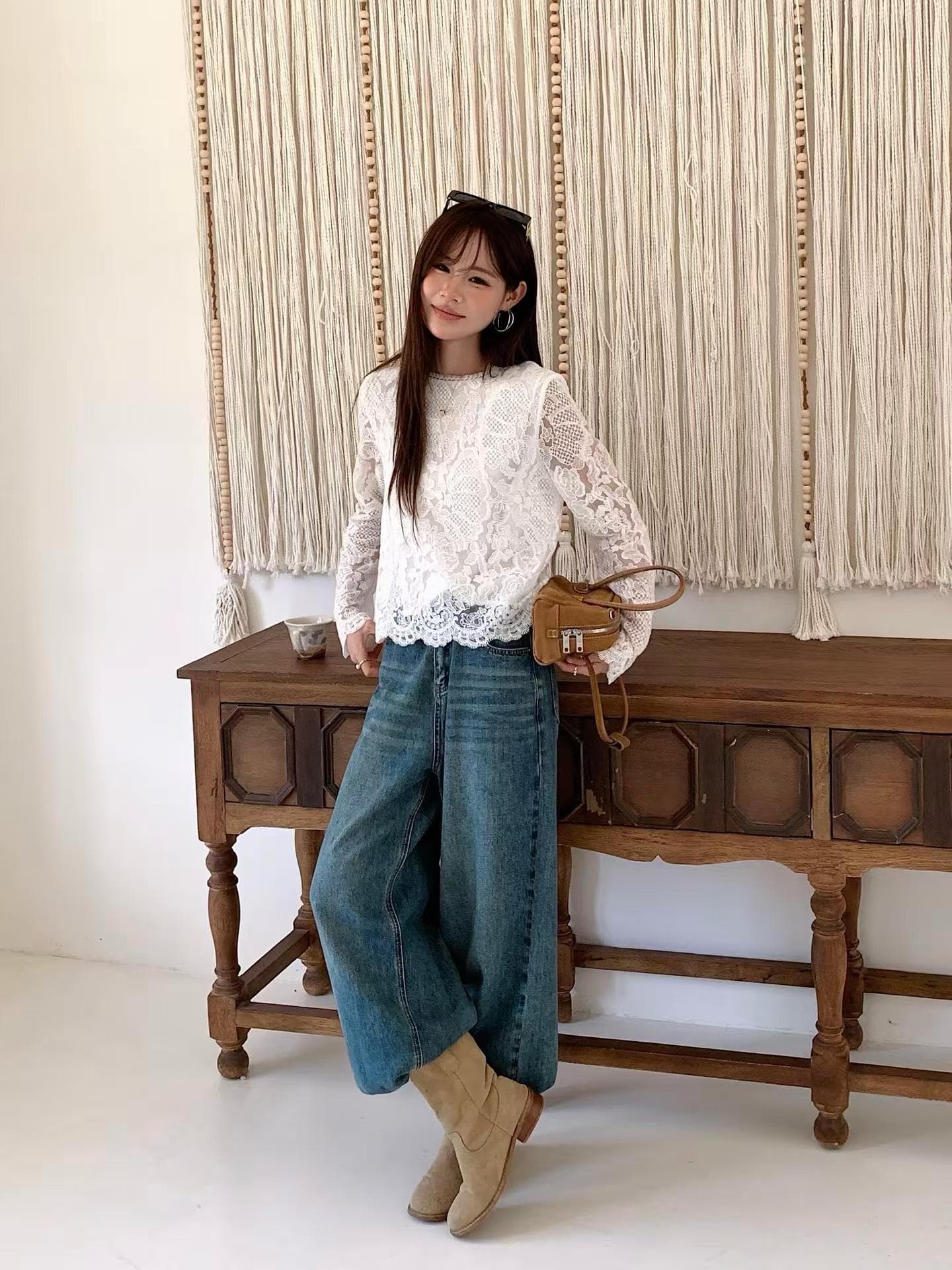 가을 새로운 우아함 패션 다용도 긴팔 패치워크 자수 레이스 셔츠 셔츠 맨위 여성 상세 이미지 8