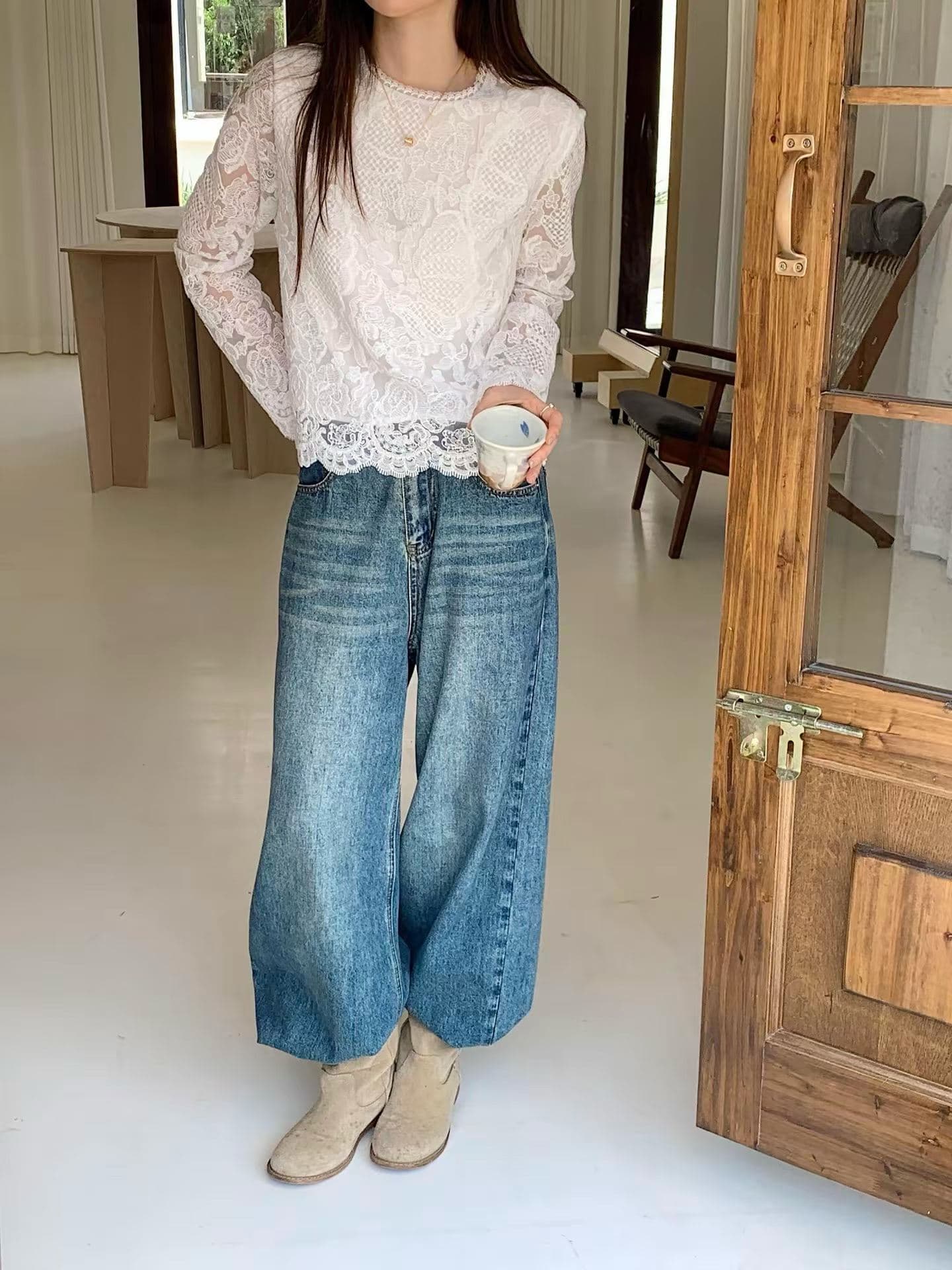 가을 새로운 우아함 패션 다용도 긴팔 패치워크 자수 레이스 셔츠 셔츠 맨위 여성 상세 이미지 12