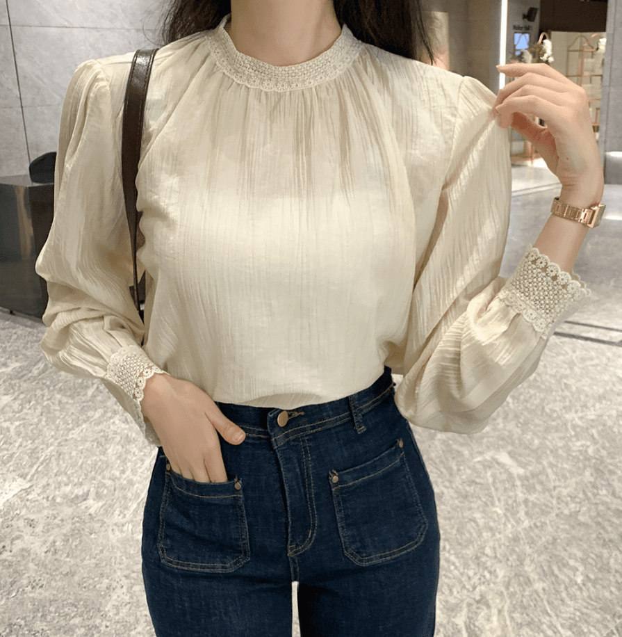 프랑스식 품격 레이스 긴팔 스탠드 칼라 여성 셔츠 2026 이른 가을 새로운 셔츠 루즈핏 인사이드 가져 가라. 디자인 센스 맨위 상세 이미지 6