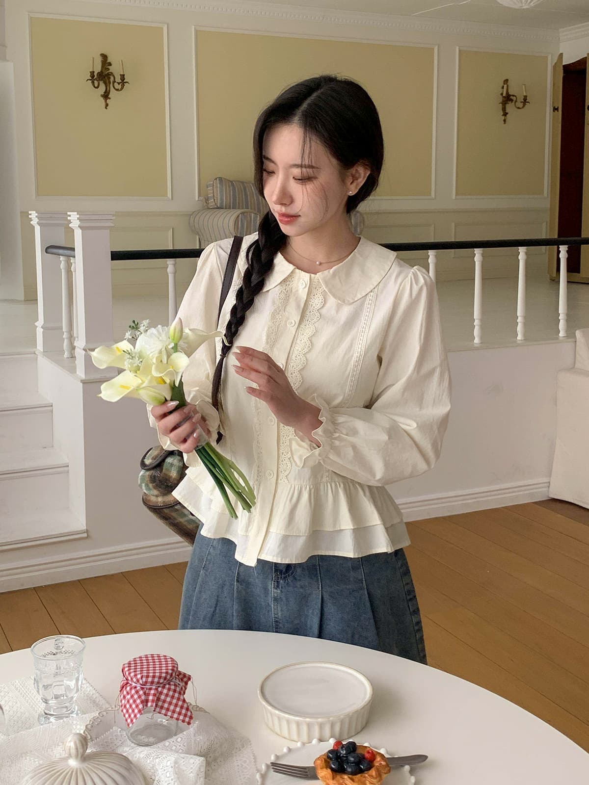 디자인 센스 패치워크 레이스 레이스 맨위 여성 2026 가을 새로운 프랑스식 부드러운 바람 품격 Chic 셔츠 상세 이미지 19