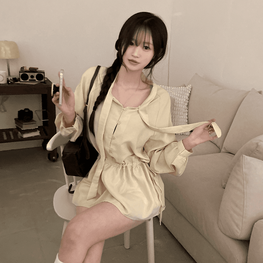 한국 chic 가을 새로운 한 부서 스택 착용 다용도 허리 수축 레이스업 중간 길이 긴팔 셔츠 점프 슈트 미니 스커트 여성 상세 이미지 18