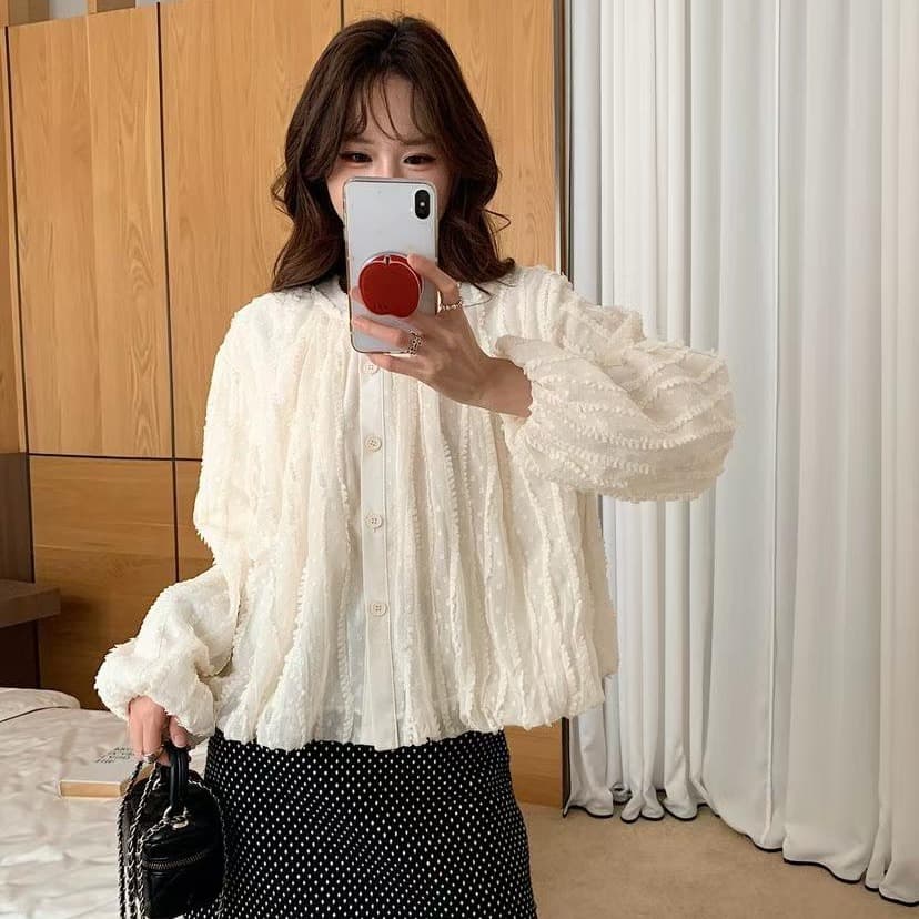 가을 한국 스타일 새로운 다용도 달콤함 스탠드 칼라 무거운 작업 술 랜턴 긴팔 여성 셔츠