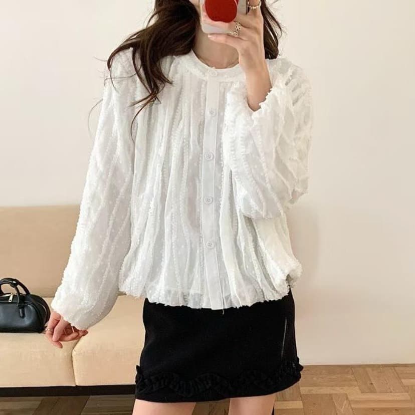 가을 한국 스타일 새로운 다용도 달콤함 스탠드 칼라 무거운 작업 술 랜턴 긴팔 여성 셔츠 이미지 3