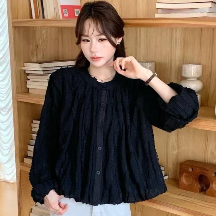 가을 한국 스타일 새로운 다용도 달콤함 스탠드 칼라 무거운 작업 술 랜턴 긴팔 여성 셔츠 이미지 5