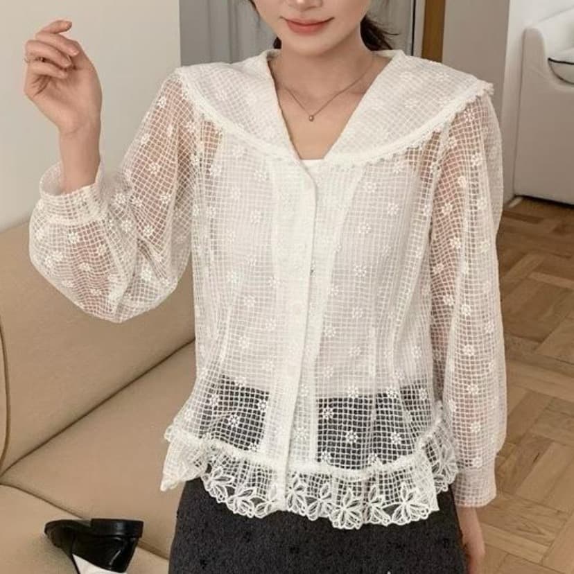 가을 느긋한 바람 꽃 홀로우 아웃 여성 연령 감소 베이비 칼라 긴팔 품격 다용도 셔츠 여성 경기 슬립 투피스 세트