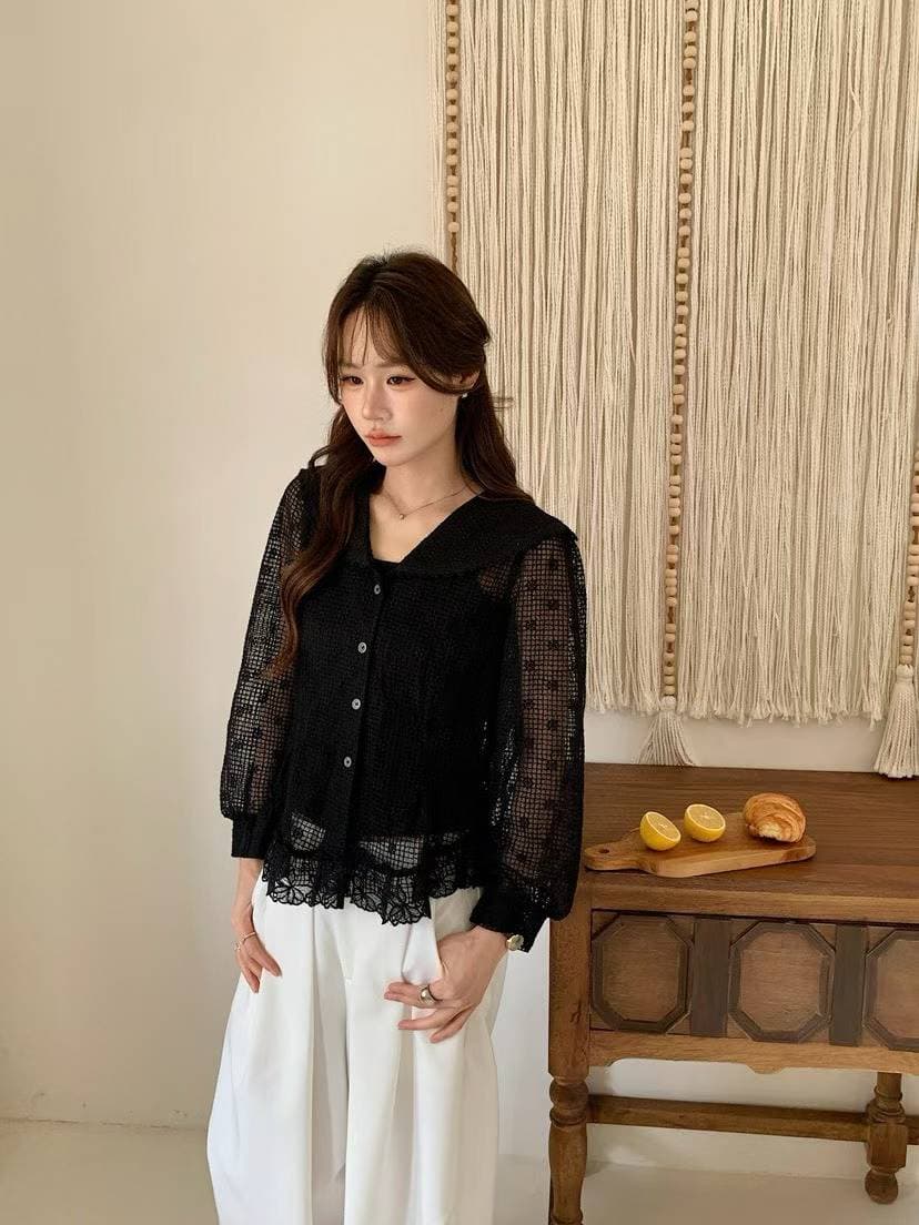 가을 느긋한 바람 꽃 홀로우 아웃 여성 연령 감소 베이비 칼라 긴팔 품격 다용도 셔츠 여성 경기 슬립 투피스 세트 상세 이미지 5