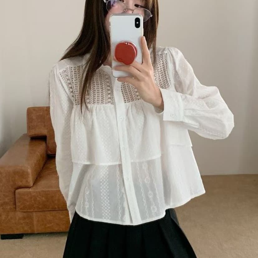 새로운 가을 작은 대중 일본식 패치워크 홀로우 아웃 셔츠 디자인 센스 패션 자수 캐주얼 다용도 긴팔 맨위 여성