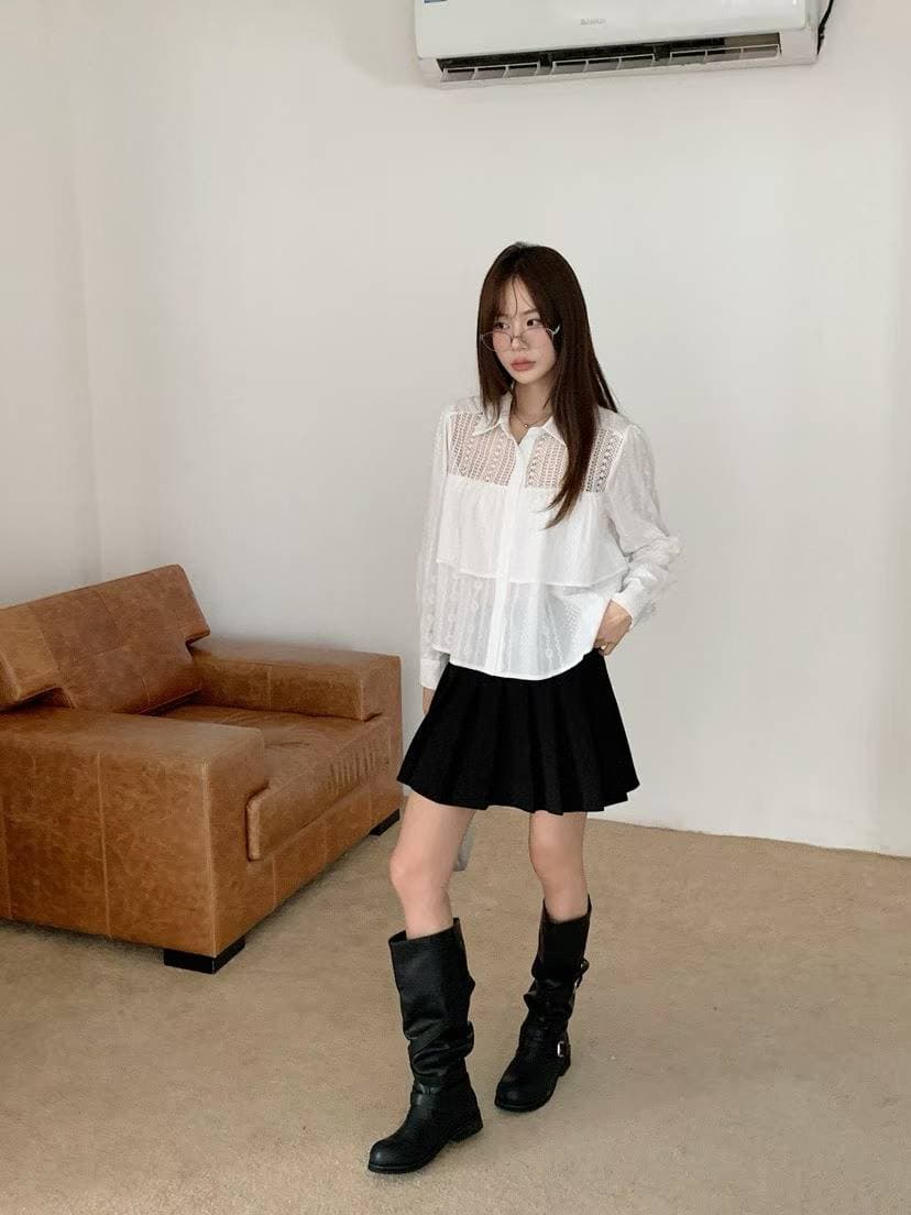새로운 가을 작은 대중 일본식 패치워크 홀로우 아웃 셔츠 디자인 센스 패션 자수 캐주얼 다용도 긴팔 맨위 여성 상세 이미지 1