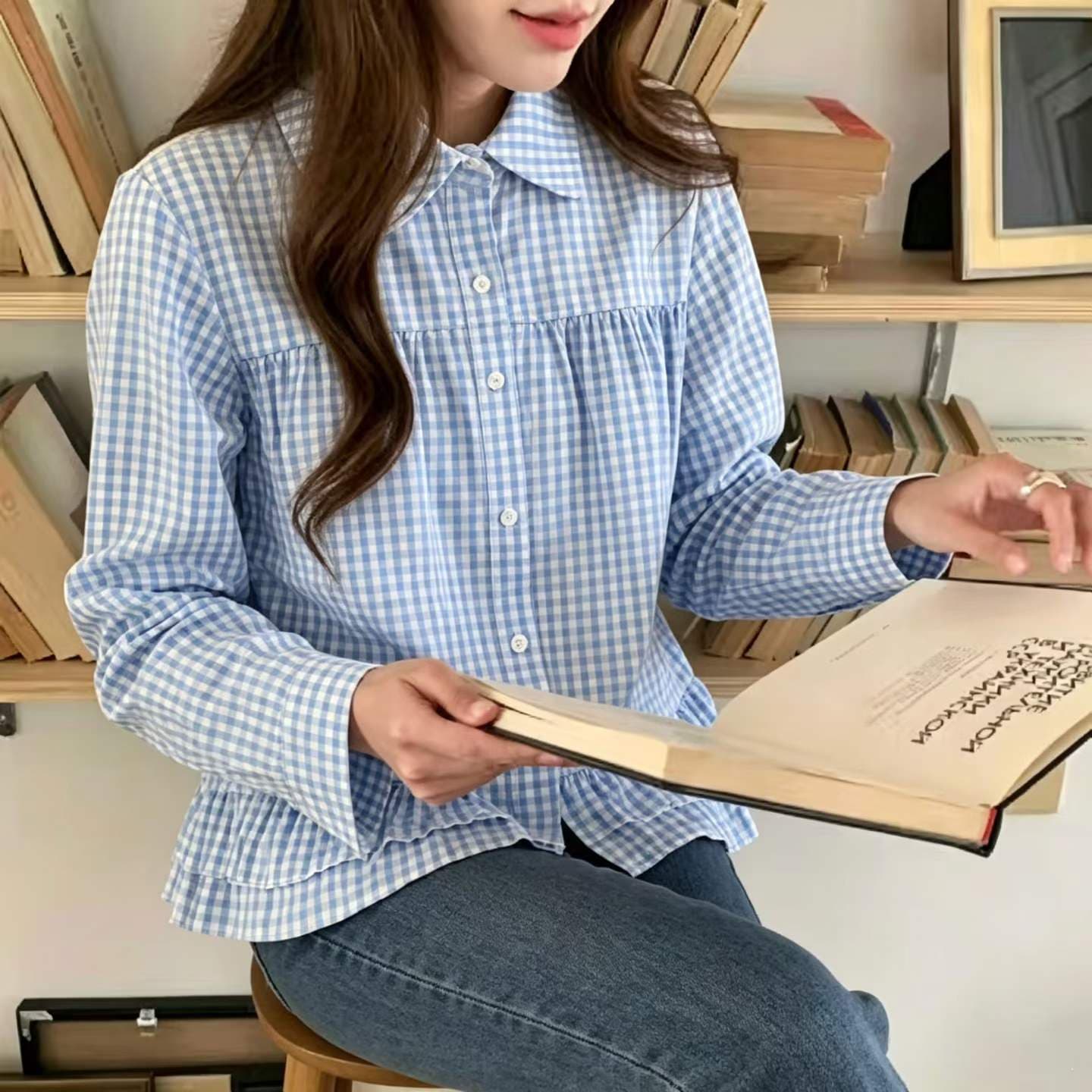 가을 새로운 프랑스식 클래식 체크무늬 달콤함 프릴 밑단 긴팔 여성 셔츠 이미지 4