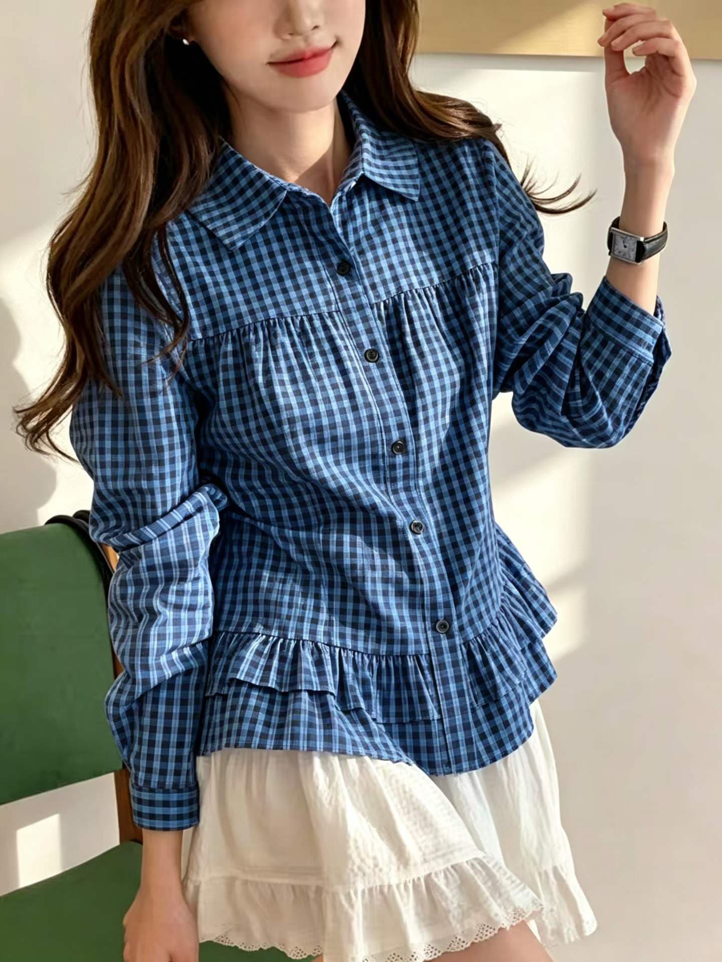 가을 새로운 프랑스식 클래식 체크무늬 달콤함 프릴 밑단 긴팔 여성 셔츠 상세 이미지 4