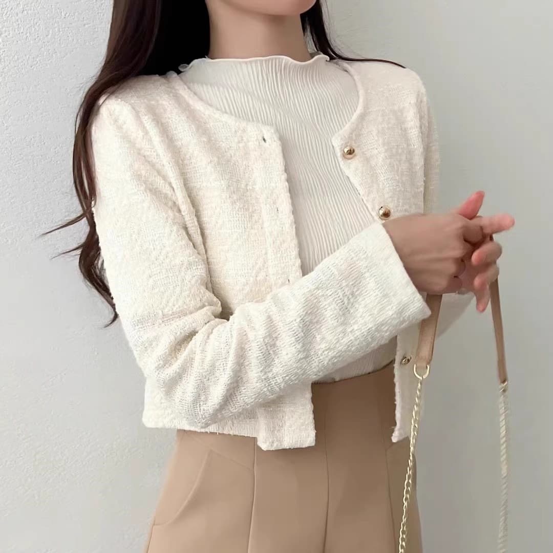 한국 동대문 가을 새로운 라운드 넥 작은 샤넬 스타일 꽃 실 질감 센스 짧은 외투 오픈 가디건 두꺼운 뭐라구? 맨위 여성 이미지 2