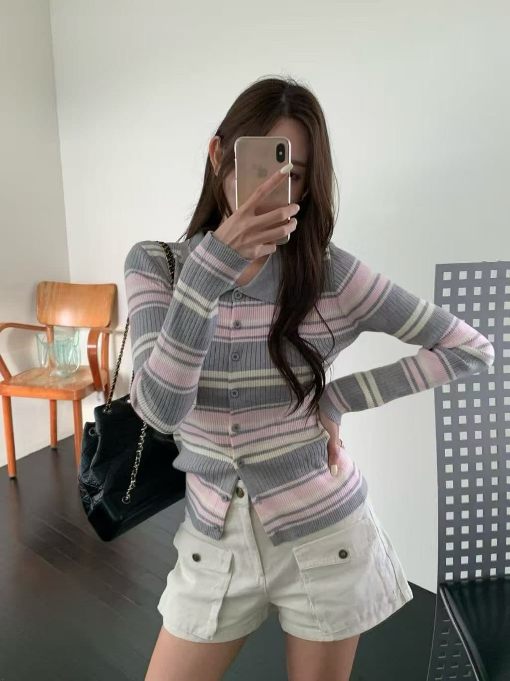 한 부서 가을 품격 다용도 배색 스트라이프 폴로 칼라 싱글 줄 버튼 니트 오픈 가디건 여성 슬림해 보이는 몸매 가꾸기 긴팔 맨위 상세 이미지 11