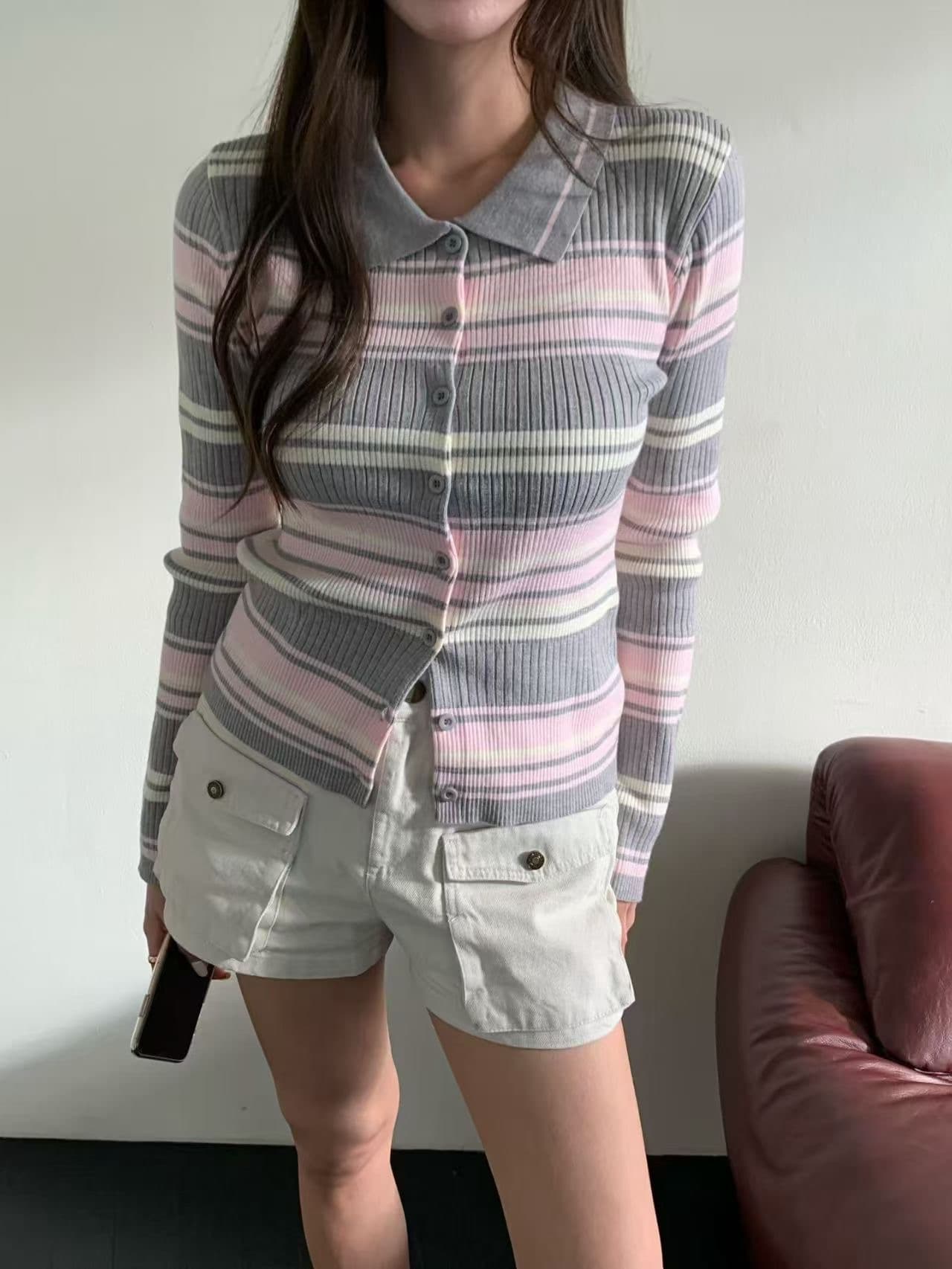 한 부서 가을 품격 다용도 배색 스트라이프 폴로 칼라 싱글 줄 버튼 니트 오픈 가디건 여성 슬림해 보이는 몸매 가꾸기 긴팔 맨위 상세 이미지 13