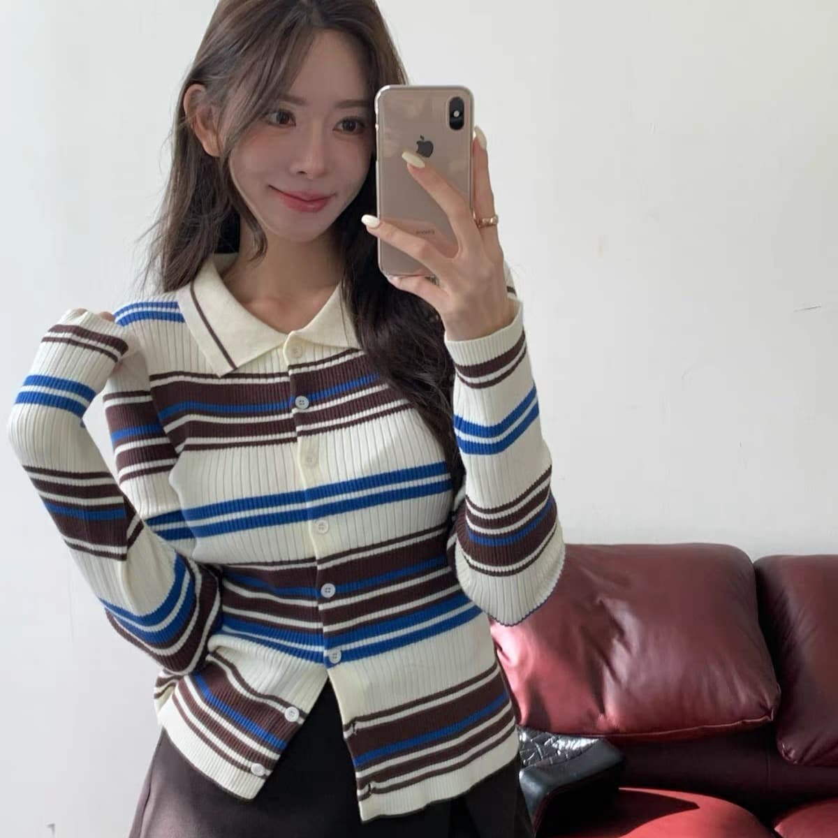 한 부서 가을 품격 다용도 배색 스트라이프 폴로 칼라 싱글 줄 버튼 니트 오픈 가디건 여성 슬림해 보이는 몸매 가꾸기 긴팔 맨위
