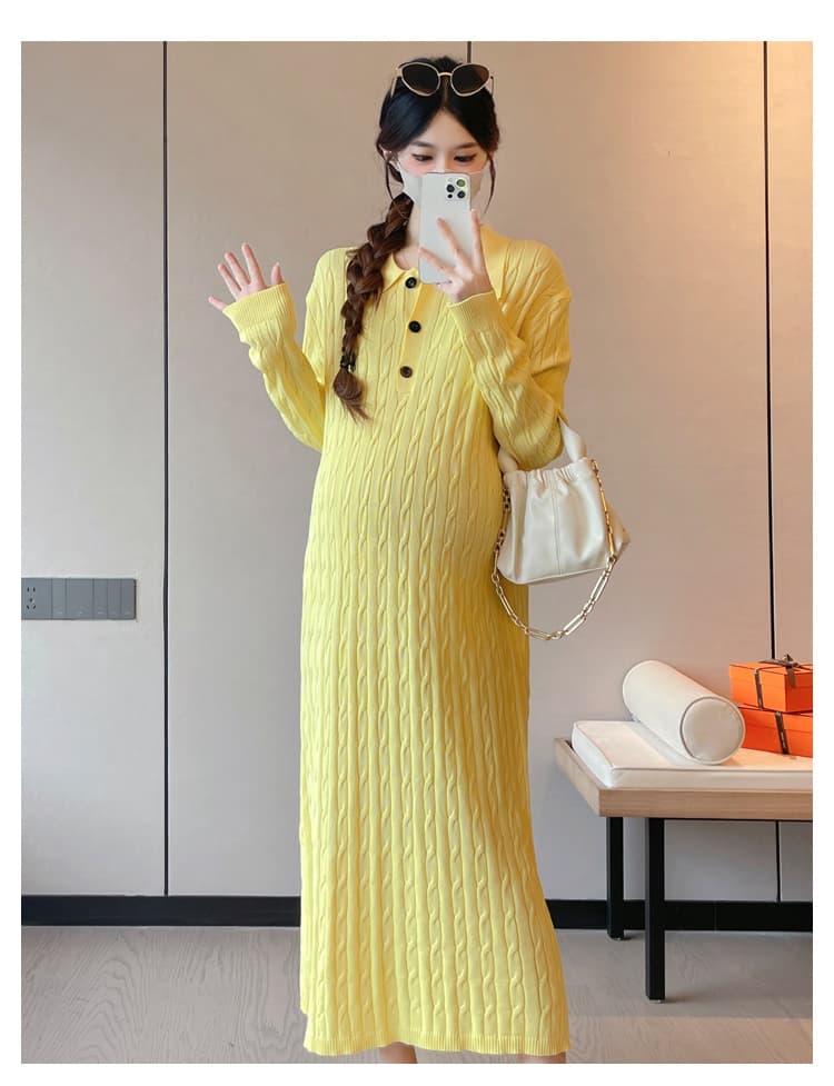실사 지금 임산부 가을 의상 드레스 새로운 프랑스식 루즈핏 꽈배기 니트 POLO 칼라 롱 코트 출산 스커트 상세 이미지 19
