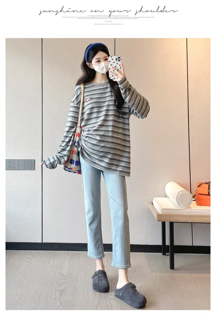 실사 새로운 출산 착용 디자인 센스 스트라이프 긴팔 티셔츠 가을 루즈핏 중간 길이 느긋한 바람 맨위 상세 이미지 19