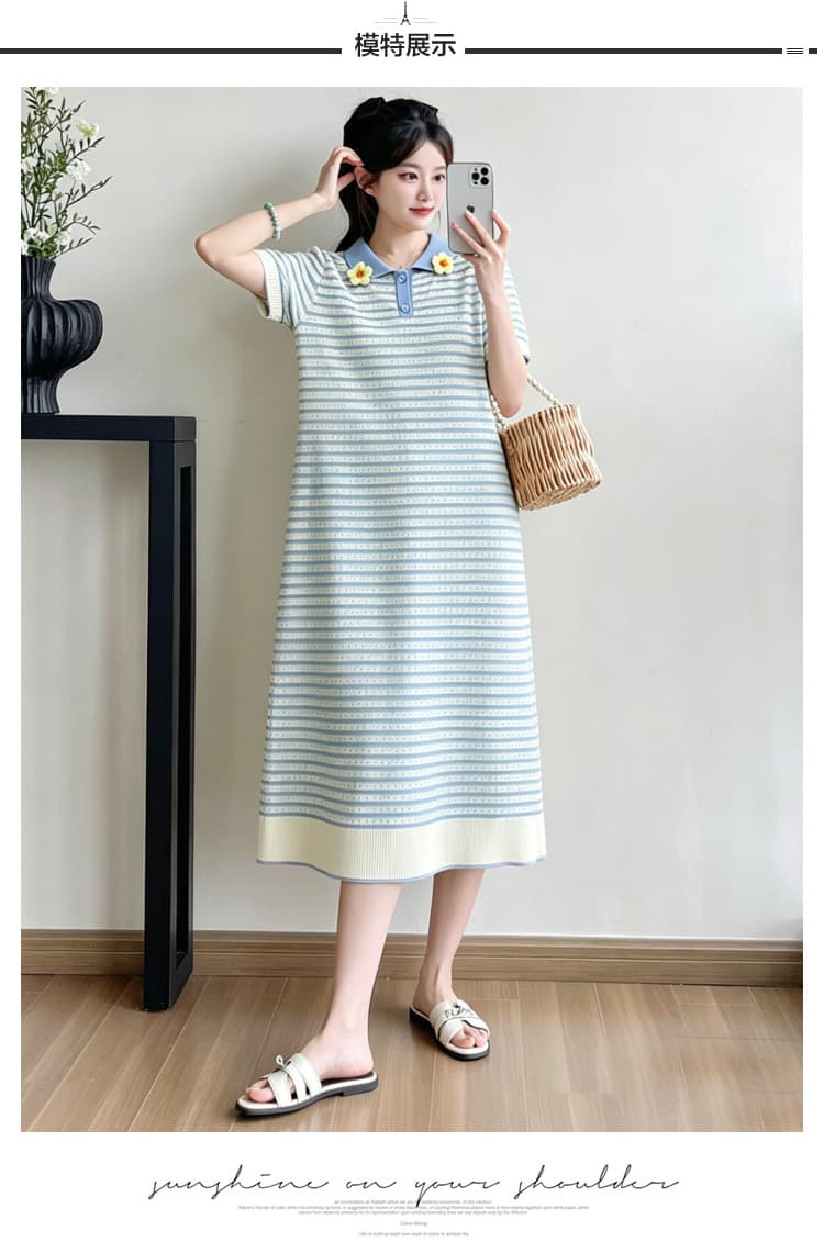 실사 출산 착용 여름 새로운 패션 스트라이프 POLO 칼라 반팔 루즈핏 슬림해 보이는 자수 드레스 상세 이미지 10