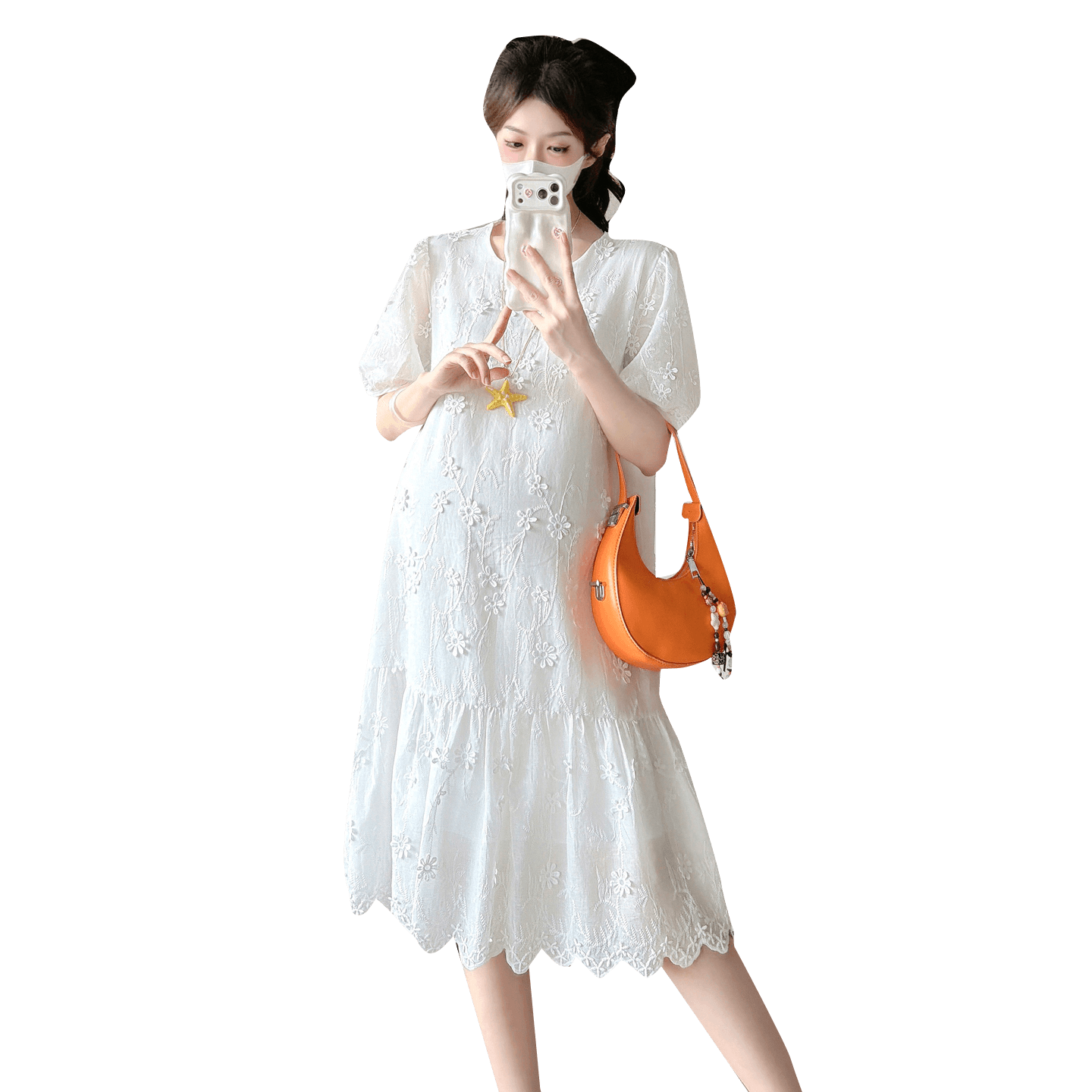 실사 지금 새로운 출산 착용 여름 레이스 미니멀리즘 패션 라운드 넥 루즈핏 빅 사이즈 임산부 드레스 이미지 6