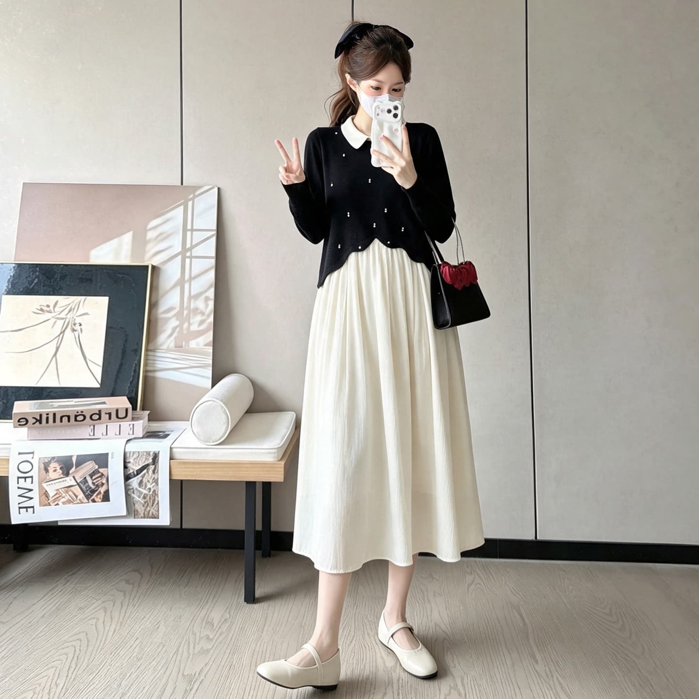 실사 지금 새로운 출산 착용 페이크 레이어드 배색 긴팔 드레스 패션 디자인 센스 플리츠 출산 스커트 이미지 4