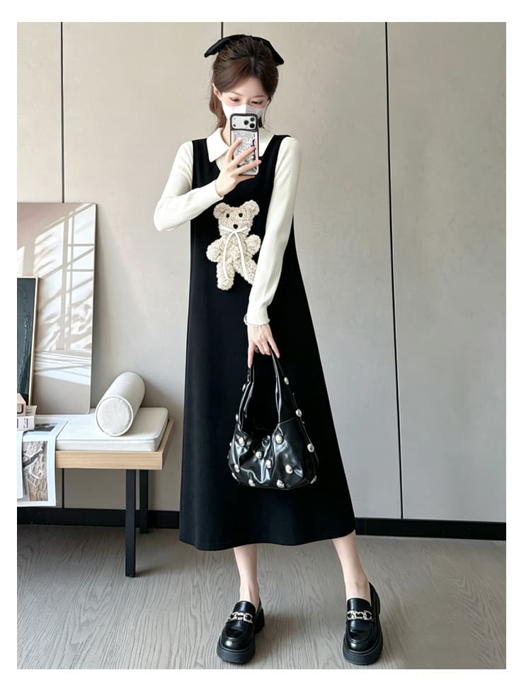 실사 지금 출산 착용 가을 겨울 폴로 칼라 배색 페이크 레이어드 패치워크 만화 자수 니트 스웨터 드레스 상세 이미지 15