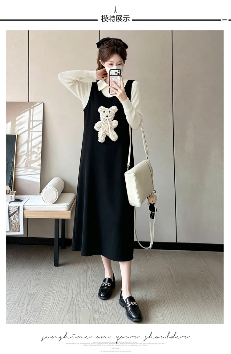 실사 지금 출산 착용 가을 겨울 폴로 칼라 배색 페이크 레이어드 패치워크 만화 자수 니트 스웨터 드레스 상세 이미지 8